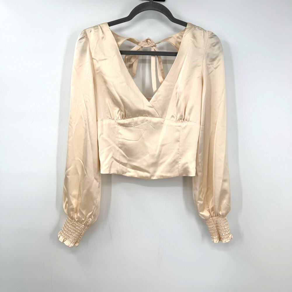 NEW All In Favor Satin Crop Top S Cream Smocked Renaissance Babydoll Y2K